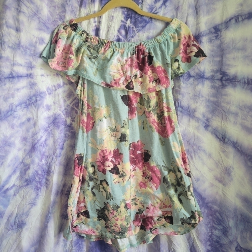 Mts Women's Scrunch Off The Shoulder Floral Blue Mini Dress Size Large - Picture 8 of 9